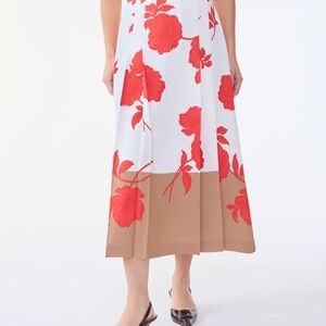 Ann Taylor White Midi Skirt with Red Floral and Tan Hem